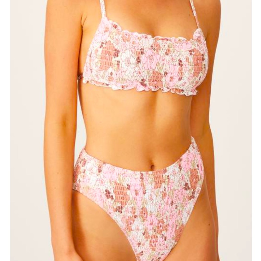 Backless ruffle bikini top and smocked bottoms